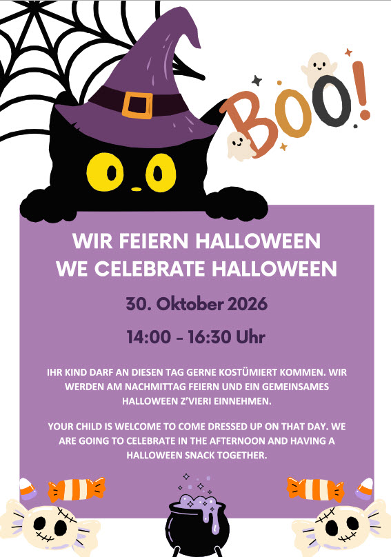 Halloween flyer featuring a black cat peeking over a purple banner with 'Wir feiern Halloween / We Celebrate Halloween', date 30 Oct 2026, 14:00–16:30, plus candy corn and skull decorations on the border.
